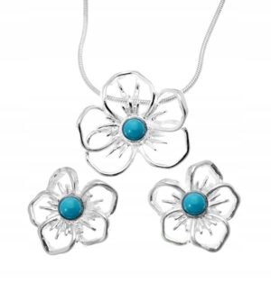Kwiatki srebrny komplet z turkusem +łańcuszek