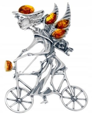 ANIOŁ DUŻA srebrna oryginalna broszka z bursztynem