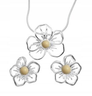Kwiatki srebrny komplet z bursztynem+łańcuszek