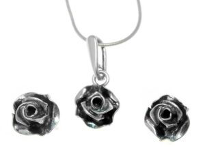 Róże srebrny komplet kolczyki+wisiorek+łańcuszek
